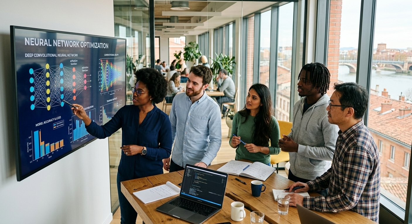 Équipe de data scientists collaborant sur un projet d'intelligence artificielle à Toulouse