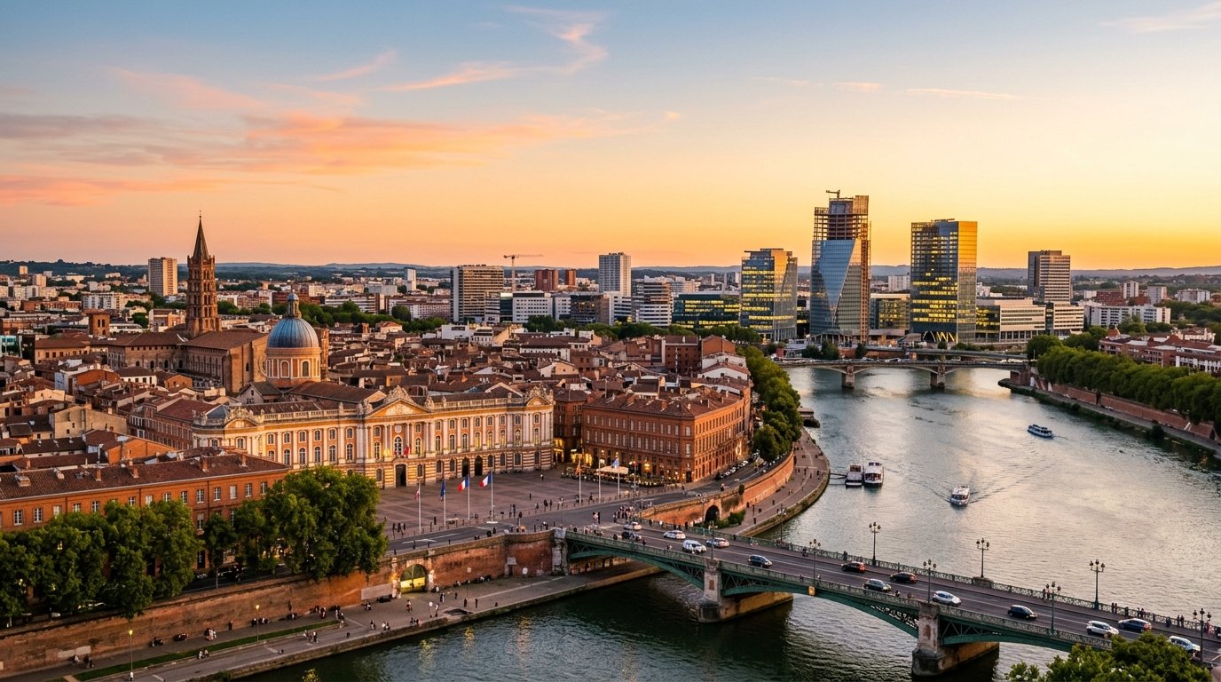 Vue panoramique de Toulouse mêlant patrimoine et bâtiments technologiques modernes