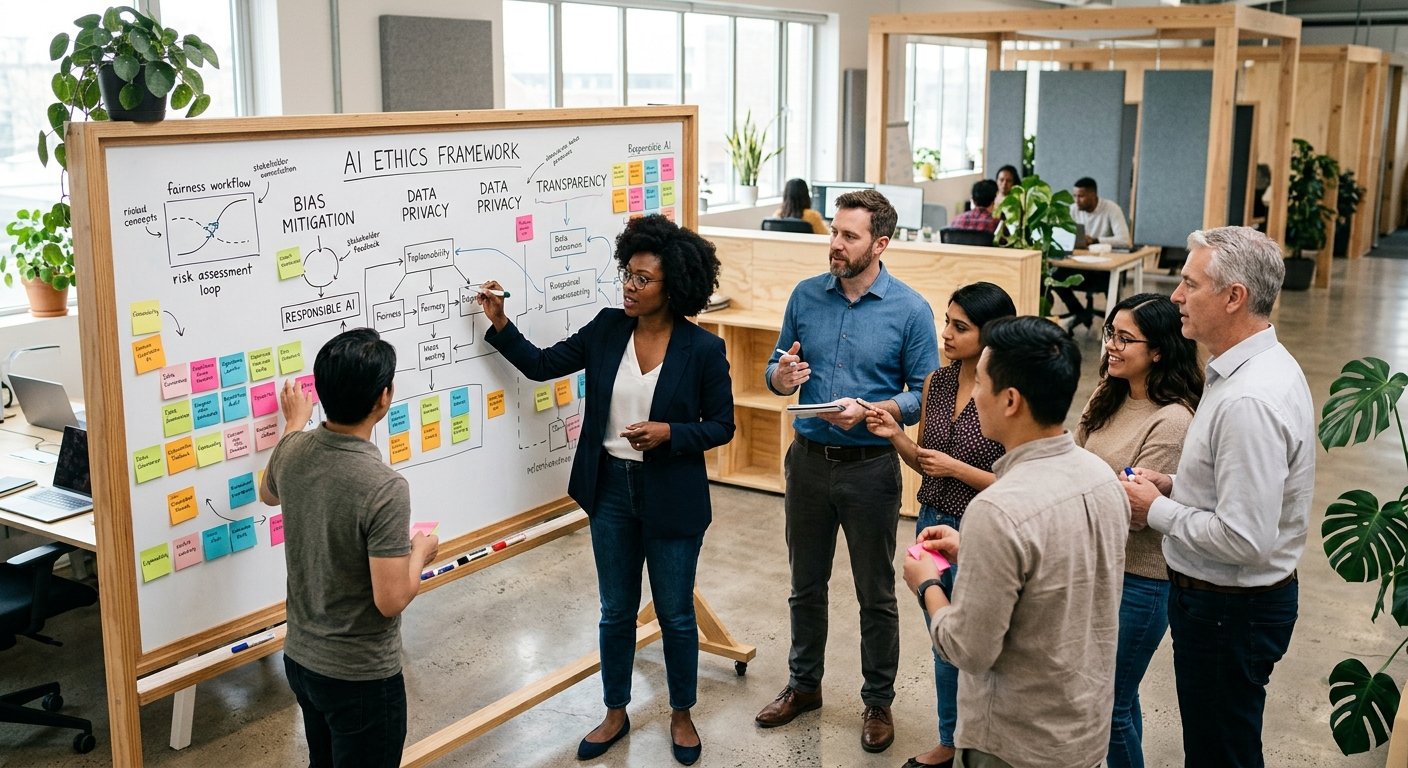 Équipe pluridisciplinaire travaillant sur un cadre d'éthique IA en entreprise