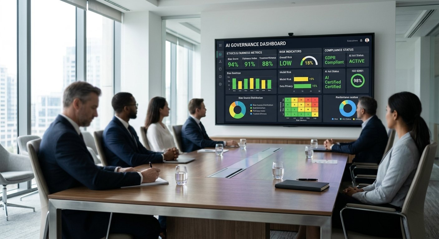 Tableau de bord de gouvernance IA responsable affiché dans une salle de réunion d'entreprise