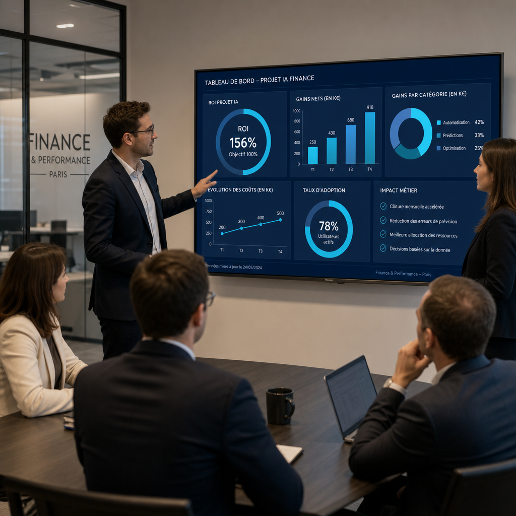 Équipe finance analysant le ROI d'un projet IA sur un tableau de bord