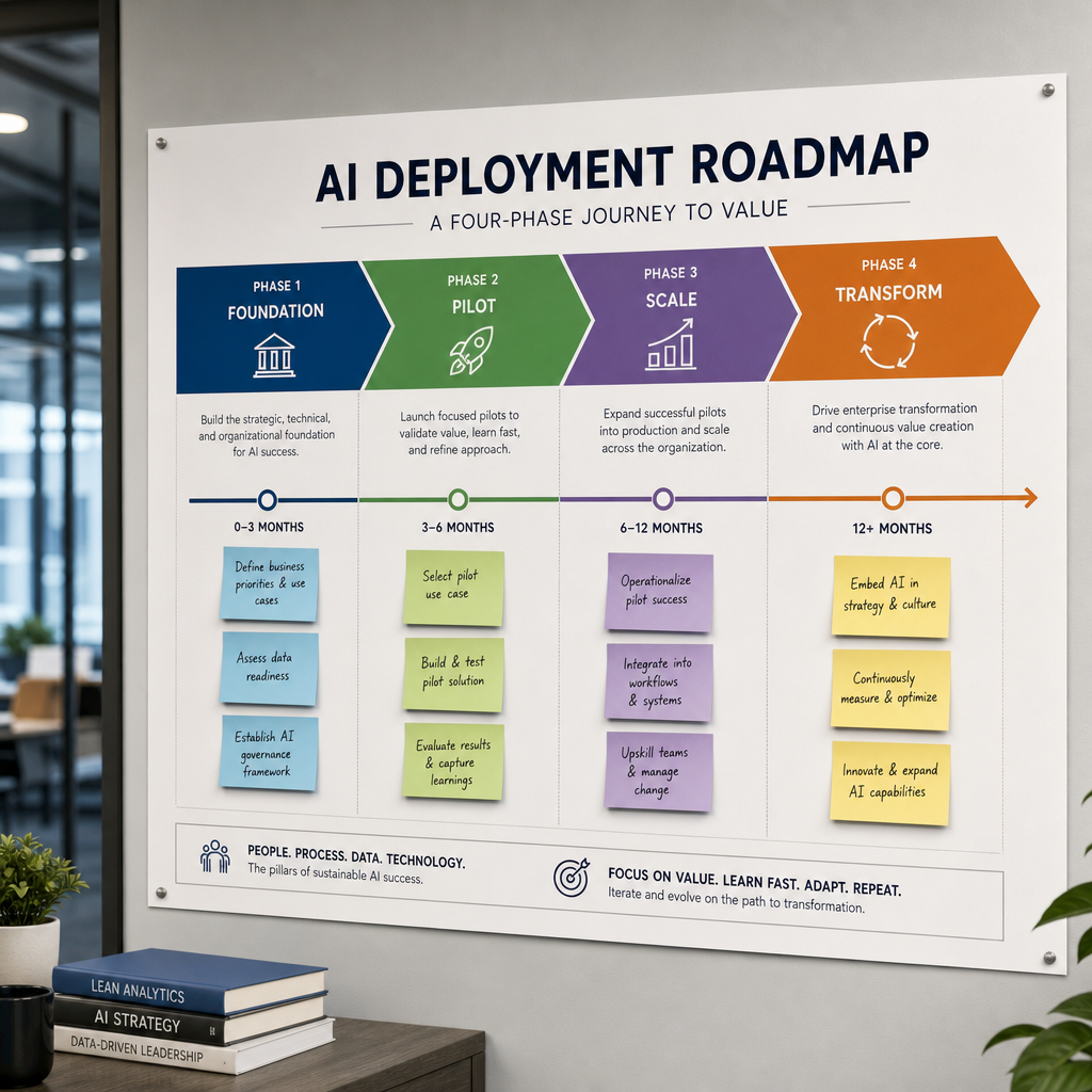 Frise chronologique d'une roadmap IA d'entreprise sur 24 mois