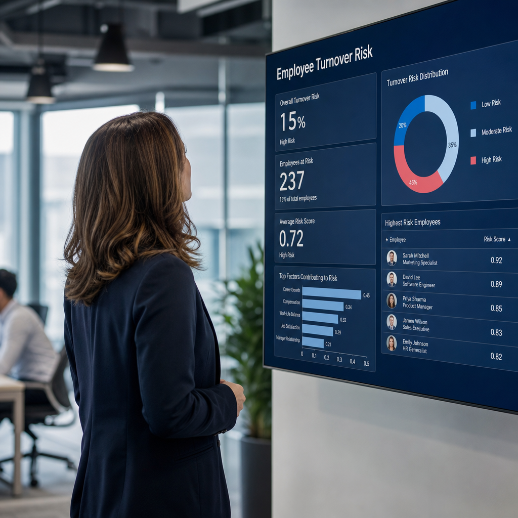 Responsable RH analysant un tableau de bord prédictif de turnover sur écran