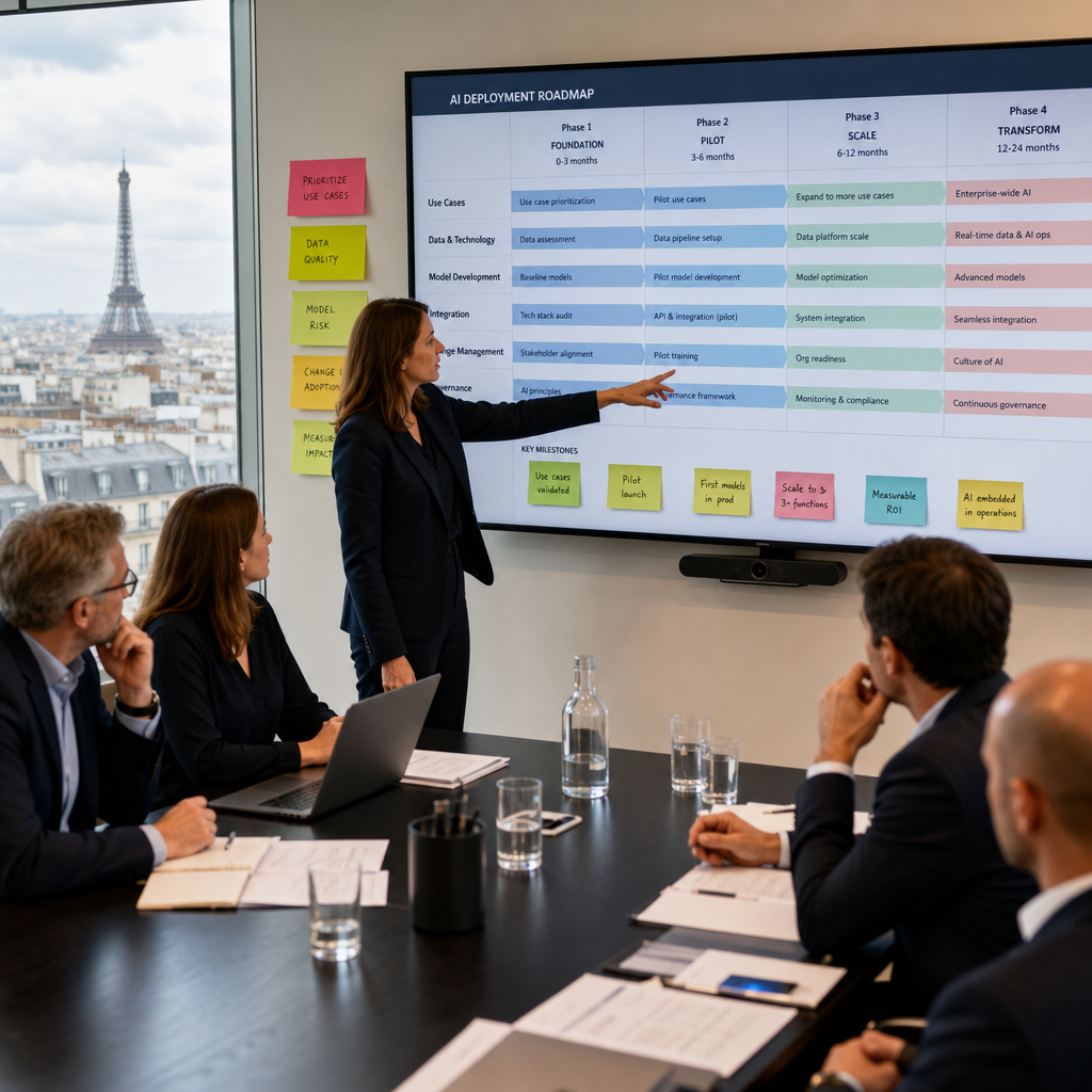 Comité de direction examinant une roadmap de déploiement IA en entreprise
